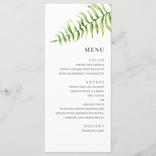 Menu Casamento de samambaia aquarela. Botânica de folha (Frente)