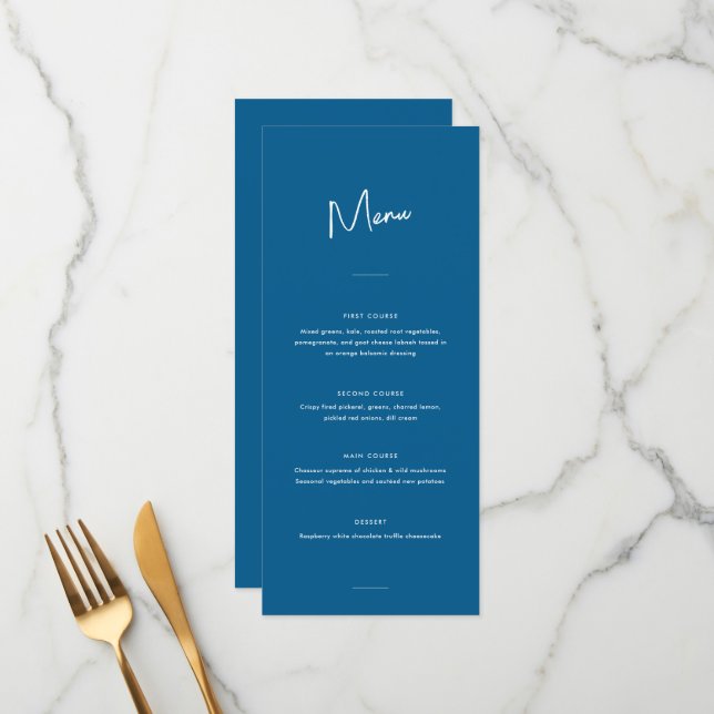 Menu Casamento de Script Azul Mínimo Moderno (Frente/Verso In Situ)