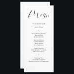 Menu Casamento de Script de Caligrafia Branca Delicada<br><div class="desc">Este moderno cartão de casamento preto e branco apresenta caligrafia delicada moderna e uma tipografia simples para o seu menu de casamento. Perfeito para um casamento moderno, mas clássico, ou outro evento, casamento com um tema preto e branco ou casamento elegante. No verso está espaço para seus nomes e data...</div>