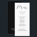 Menu Casamento de Script de Caligrafia Negra Delicada<br><div class="desc">Este moderno cartão de cardápio de casamento apresenta caligrafia moderna e uma tipografia simples para o seu cardápio de casamento sobre fundo branco na frente e um backer preto sólido. Perfeito para um casamento moderno, mas clássico, ou outro evento, casamento com um tema preto e branco ou casamento elegante. No...</div>
