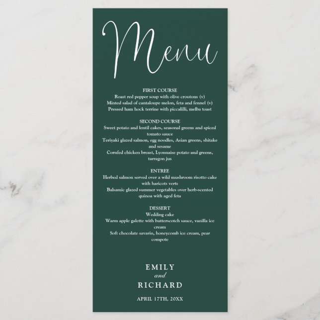 Menu Casamento de Script de Caligrafia Verde Emerald (Frente)