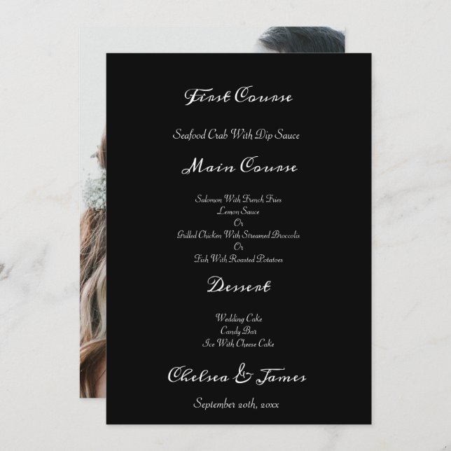Menu Casamento de Script de Foto Elegante Negra (Frente/Verso)