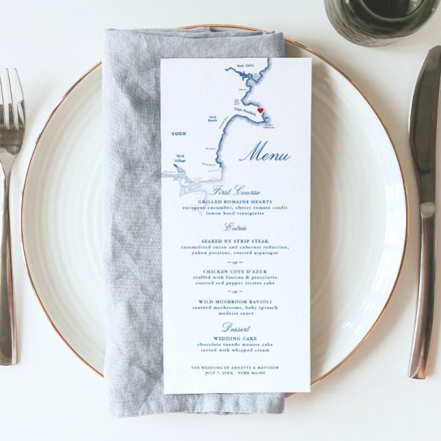 Menu Casamento de Script de Marinho Elegante do Mapa de (These York Beach Maine wedding menus are perfect for your wedding at the view point hotel)