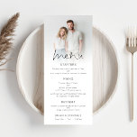 Menu Casamento de Script de Sobreposição de Fotos Moder<br><div class="desc">Menu de Casamento de Script de Sobreposição de Fotos Moderna. Uma tipografia informal em preto para o título principal Menu que complementa o resto do texto que você pode facilmente personalizar. Substitua a foto de exemplo pelo seu favorito.</div>