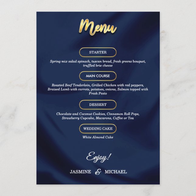 Menu Casamento de Script Dourado e Azul com Marinho de  (Frente)