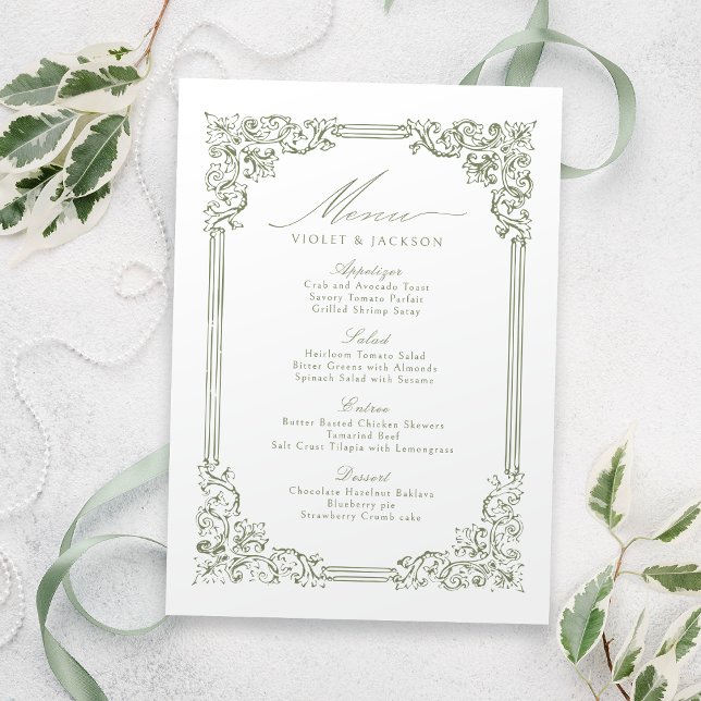 Menu Casamento de Script Elegante de Frame Verde Sage (Sage Green Vintage Frame Elegant Script Wedding Menu)
