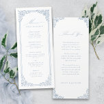 Menu Casamento de Script Elegante de Moldura Azul Dusty<br><div class="desc">Elegante design de borda de quadros ornamentais antigos com na moda em cor azul empoeirada,  menus simples e clássicos de casamento excelente para casamento clássico moderno,  casamento vintage romântico e casamento tradicional formal. Veja todas as peças correspondentes na coleção.</div>