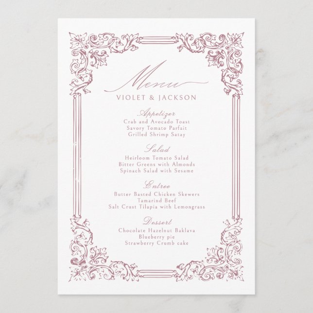 Menu Casamento de Script Elegante de Moldura Rosa Dusty (Frente)