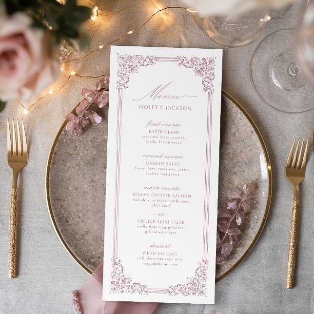 Menu Casamento de Script Elegante de Moldura Rosa Dusty (Dusty Pink Vintage Frame Elegant Script Wedding Menu)