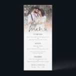 Menu Casamento de Script Elegante de Sobreposição de Fo<br><div class="desc">Menu de Casamento Elegante de Script de Sobreposição de Fotos Moderna. Uma tipografia informal em preto para o título principal Menu que complementa o resto do texto que você pode facilmente personalizar. Substitua a foto de exemplo pelo seu favorito.</div>