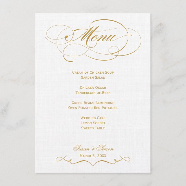 Menu Casamento de Script Elegante - Dourado (Frente)