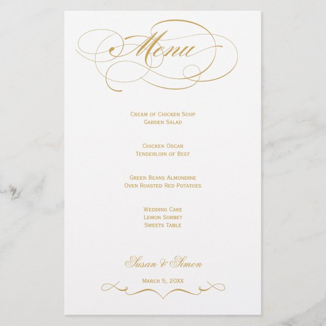 Menu Casamento de Script Elegante - Dourado (Frente)