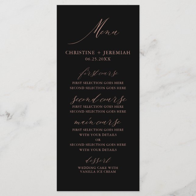 Menu Casamento de Script Elegante Dourado com Rosa Negr (Frente)