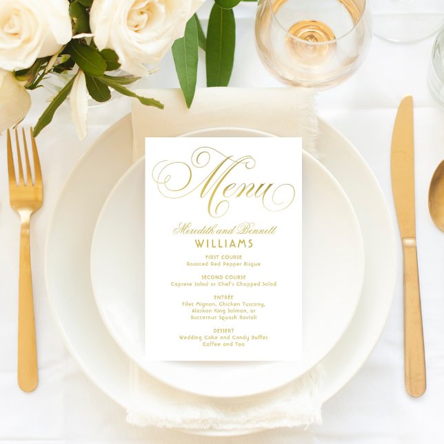 Menu Casamento de Script Faux Foil Foil Dourado Elegant (Criador carregado)