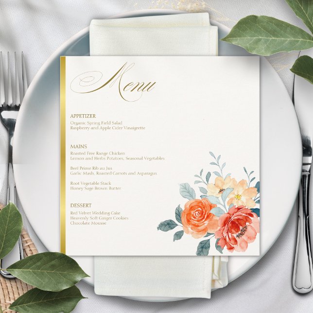 Menu Casamento de Script Floral Dourado Elegante (Criador carregado)