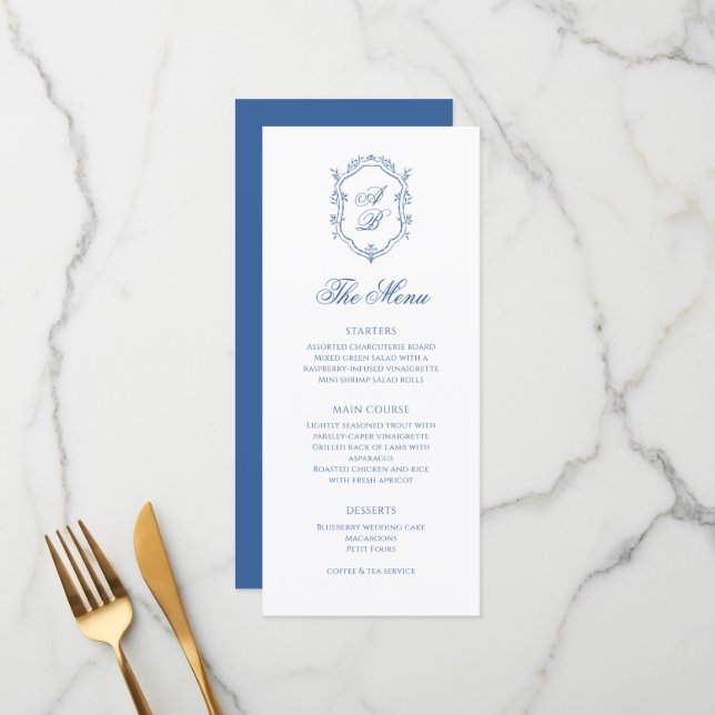 Menu Casamento de Script Formal do Monograma Azul Elega (Frente/Verso In Situ)