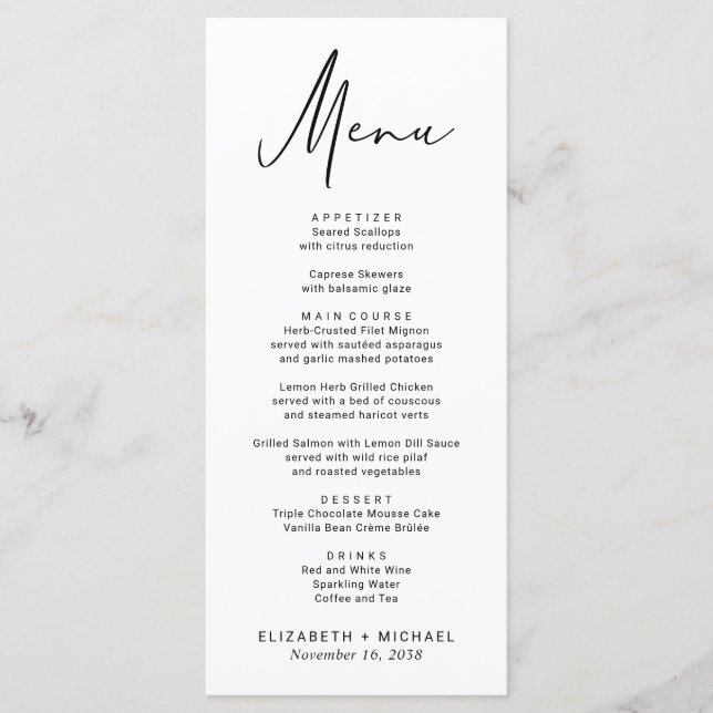 Menu Casamento de Script Moderno Chic (Frente)