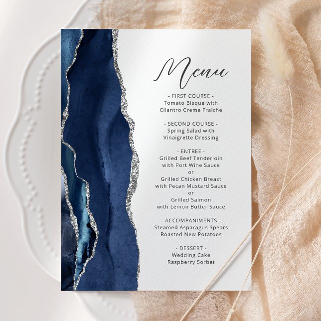 Menu Casamento de Script Moderno da Agate de Prata Azul (Criador carregado)