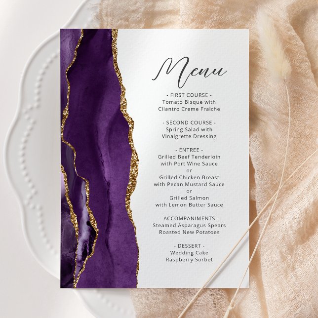 Menu Casamento de Script Moderno de Agate Dourado Roxo (Criador carregado)