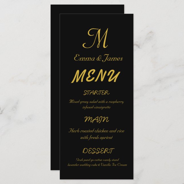 Menu Casamento de Script Monograma Preto e Dourado Eleg (Frente/Verso)