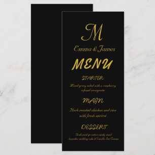 Menu Casamento de Script Monograma Preto e Dourado Eleg