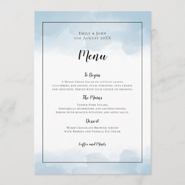 Menu Casamento de Script Preto com Cores Azuis Claras (Frente)