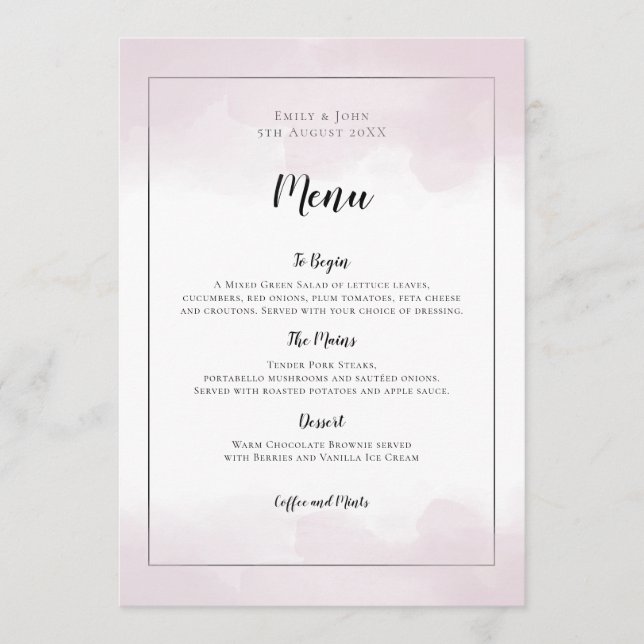 Menu Casamento de Script Preto com Cores d'Água Rosa Es (Frente)