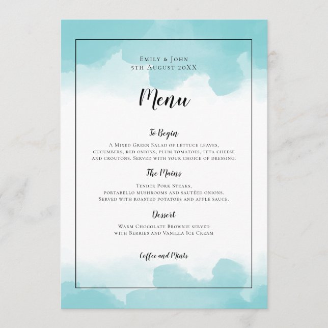 Menu Casamento de Script Preto com Molas Azuis Purist (Frente)