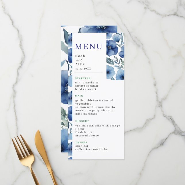 Menu Casamento de Serenidade em Flores de Água Azul (Frente/Verso In Situ)