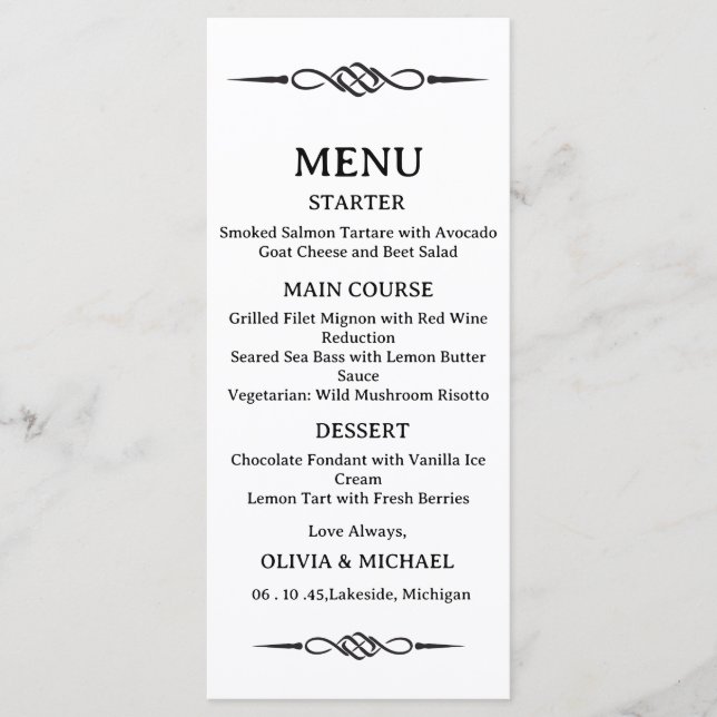 Menu Casamento de Seta de Nó Celta Preto e Branco Editá (Frente)