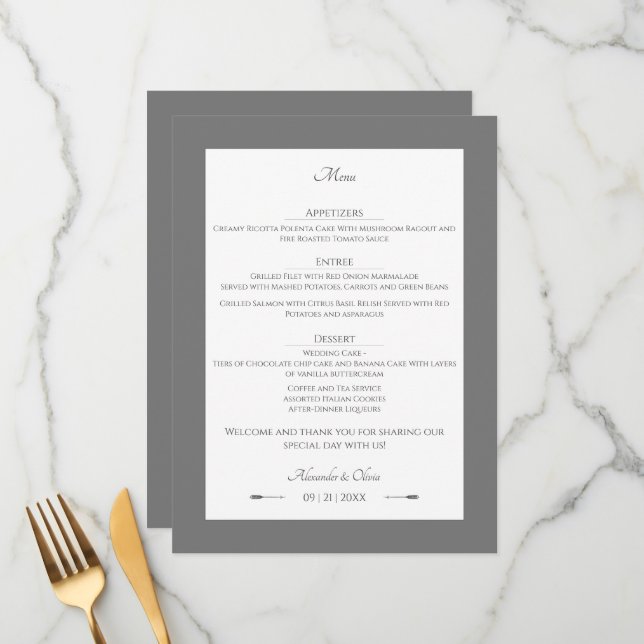 Menu Casamento de setas minimalista | CINZAS (Frente/Verso In Situ)
