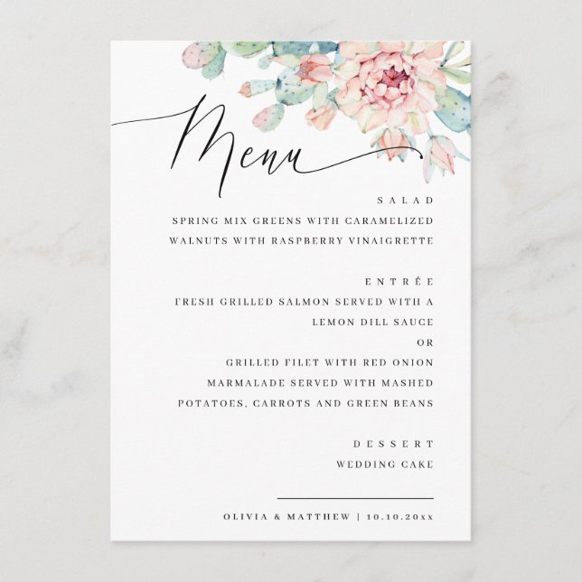Menu Casamento de Suculentas Florais Elegantes. Jantar  (Frente)