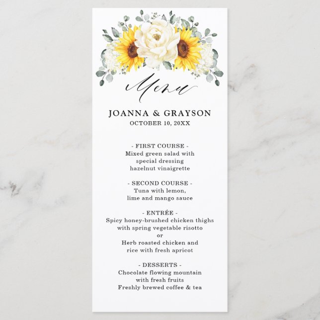 Menu Casamento de Sunflower Ivory Peony Floral Eucalypt (Frente)