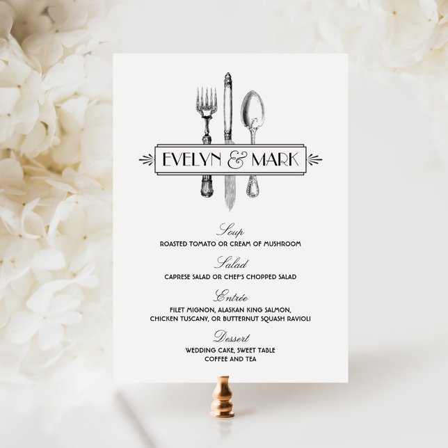 Menu Casamento de Talheres Preto e Branco Vintage (Criador carregado)