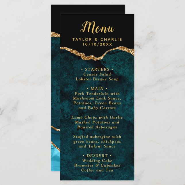 Menu Casamento de Téal Blue e Agate Marble Dourado (Frente/Verso)