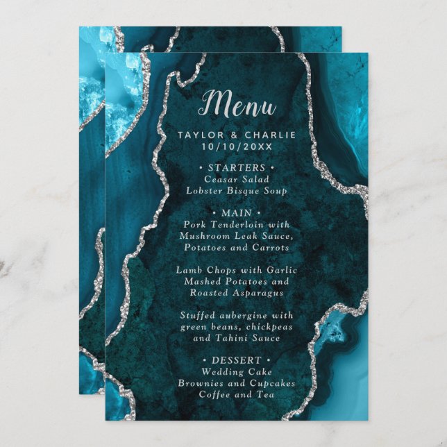 Menu Casamento de Téal Blue e Silver Agate Marble (Frente/Verso)