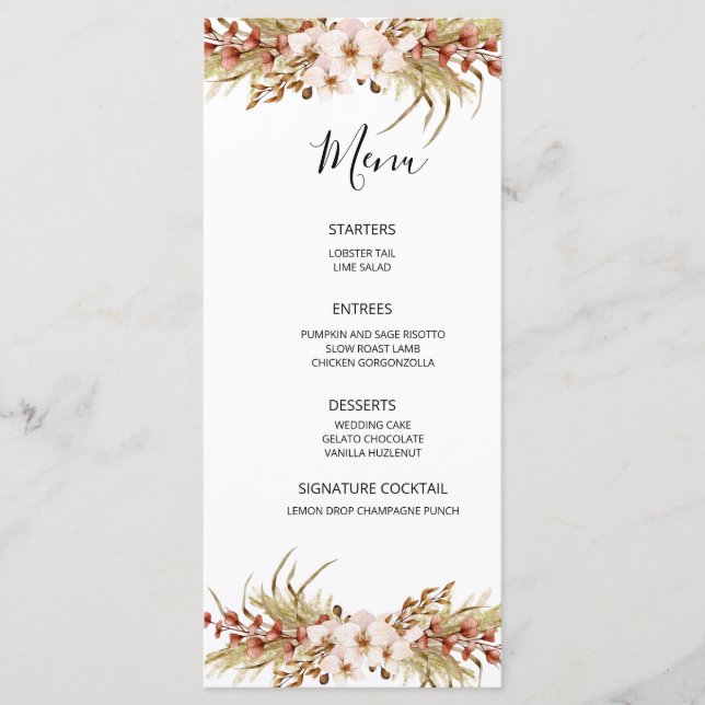 Menu Casamento de Terracota Floral Boêmio (Frente)