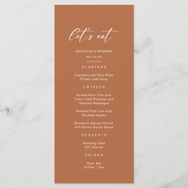 Menu Casamento de Terracota Laranja Queimada Boho Rústi (Frente)