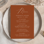 Menu Casamento de Terracotta Elegante Moderno<br><div class="desc">Menu de casamento simples e elegante com "Menu" exibido em um roteiro branco moderno com fundo de terracota ou cor de sua escolha. Personalize o menu de casamento de terracotta adicionando seus nomes, data de casamento e informações do menu. Projetado para coordenar com a nossa coleção de casamento do Modern...</div>