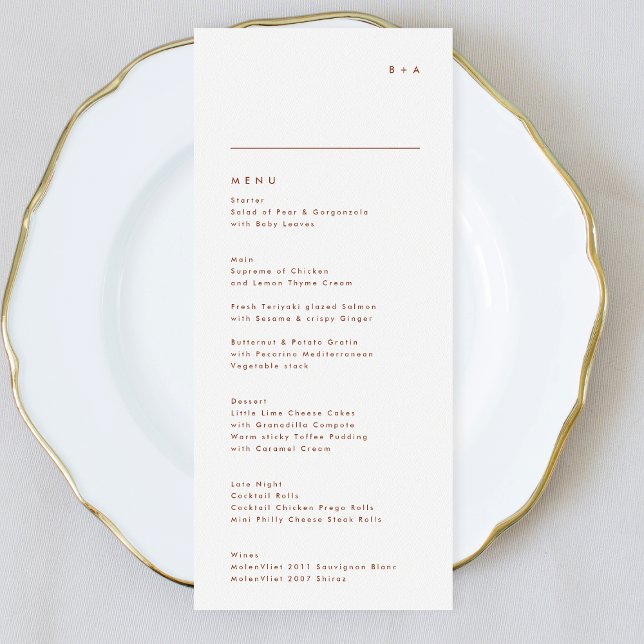 Menu Casamento de Terracotta Modern White Monogramas (Criador carregado)