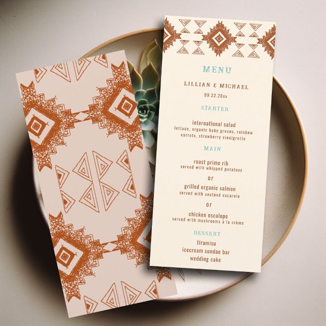Menu Casamento de Terracotta no Deserto Ocidental do Co (cowboy country western desert wedding menu aztec pattern terracotta teal)