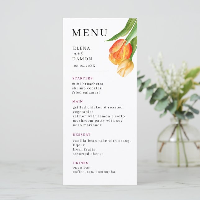Menu Casamento de Tulipa Laranja e Creme (Em pé/Frente)
