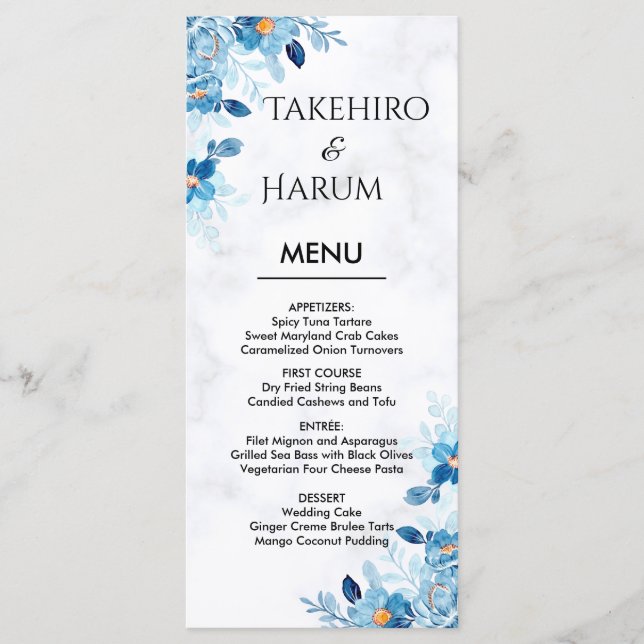 Menu Casamento de verão com flores elegantes azuis (Frente)