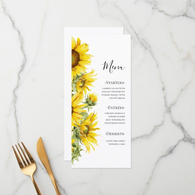 Menu Casamento de Verão com Girassóis Elegantes (Frente/Verso In Situ)