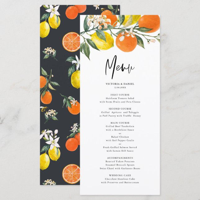 Menu Casamento de Verão com Lemões Botânicos e Laranjas (Frente/Verso)
