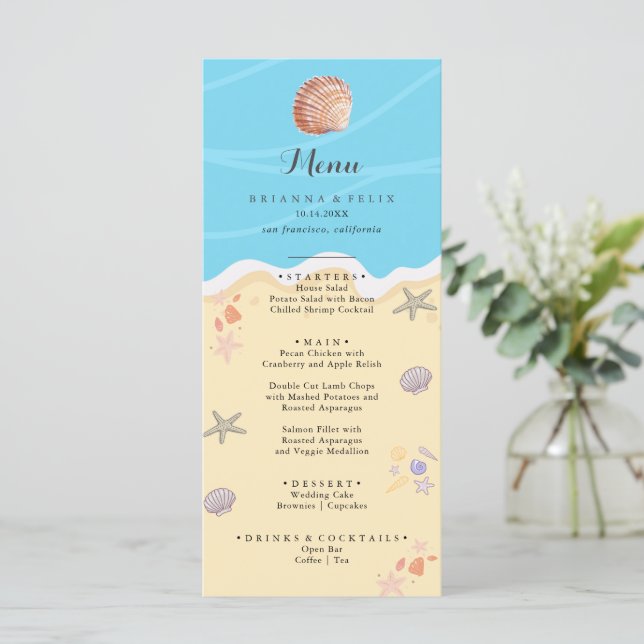 Menu Casamento de Verão no Oceano Azul Minimalista (Em pé/Frente)