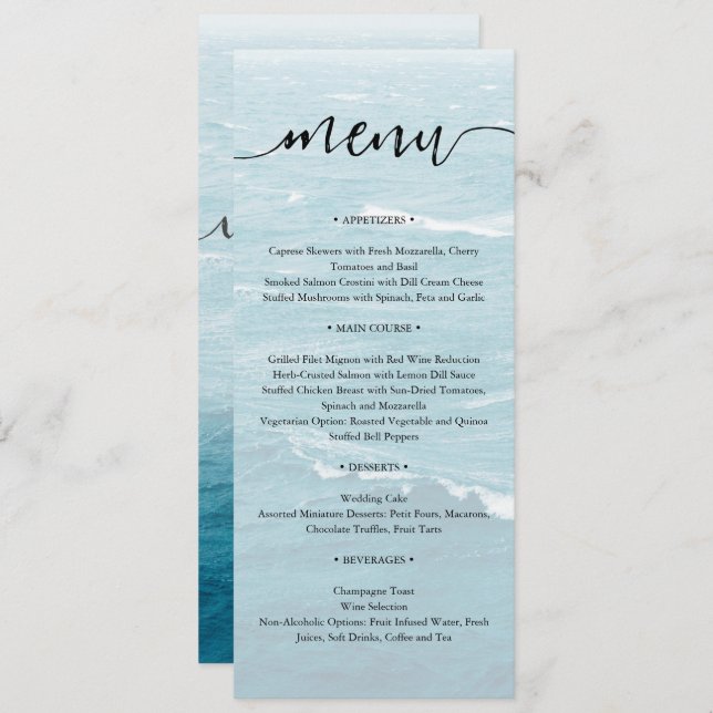 Menu Casamento de verão pelo mar azul ondulado, ombre o (Frente/Verso)