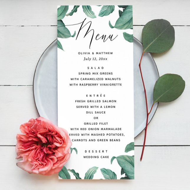 Menu Casamento de verde tropical. Botânica aquarela (Criador carregado)