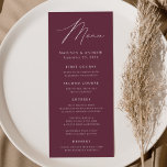 Menu Casamento de Vinho de Elegância Moderna<br><div class="desc">Menu de casamento simples e elegante com "Menu" exibido em um roteiro branco moderno com fundo roxo de vinho ou cor de sua escolha. Personalize o menu de casamento do vinho adicionando seus nomes, data de casamento e informações do menu. Projetado para coordenar com a nossa coleção de casamento do...</div>