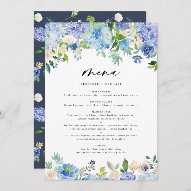 Menu Casamento de Watercolor Blue Hydrangea Garland (Frente/Verso)